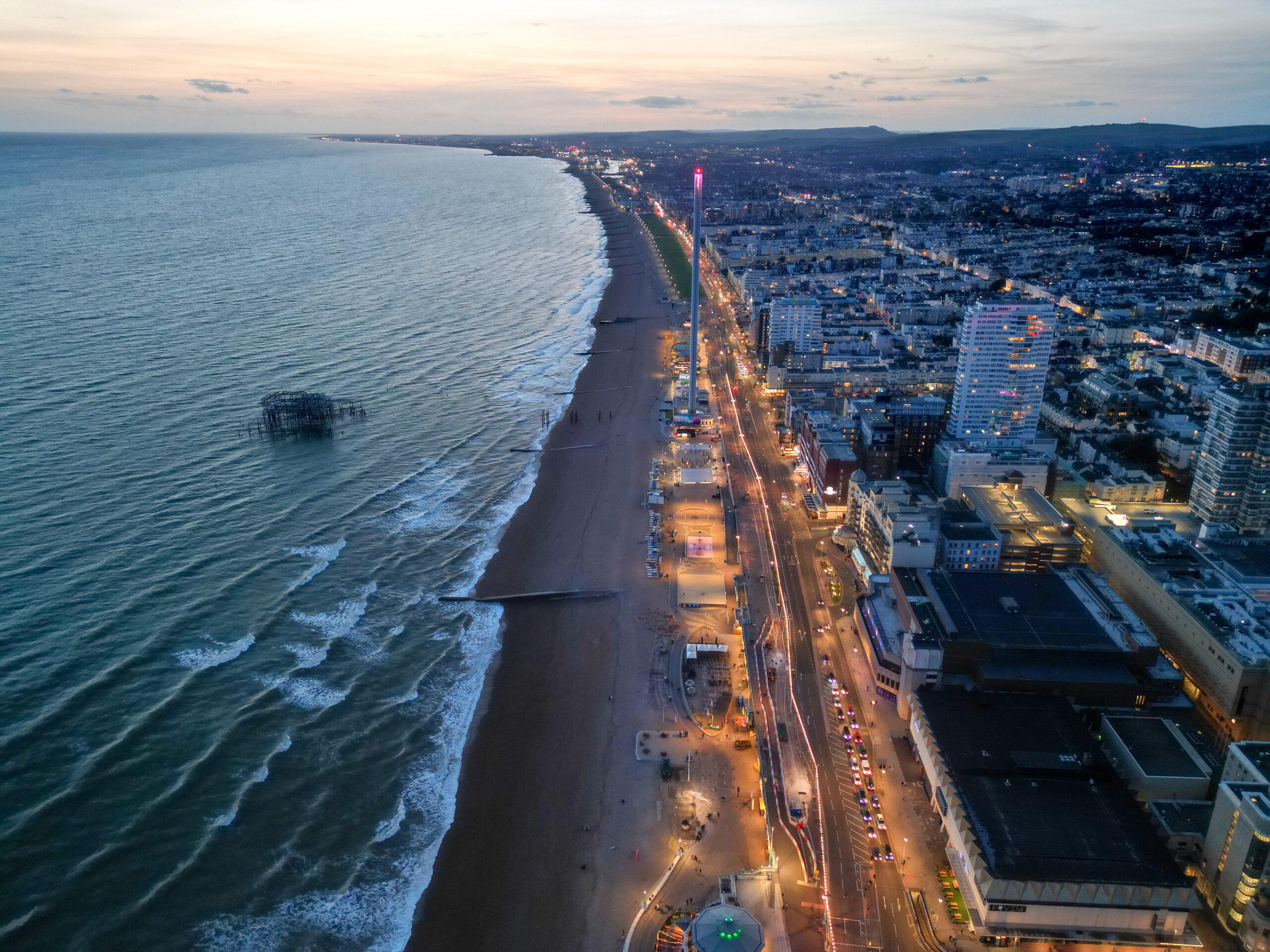Brighton Sea front Beach early evening Aerial View Drone Shot